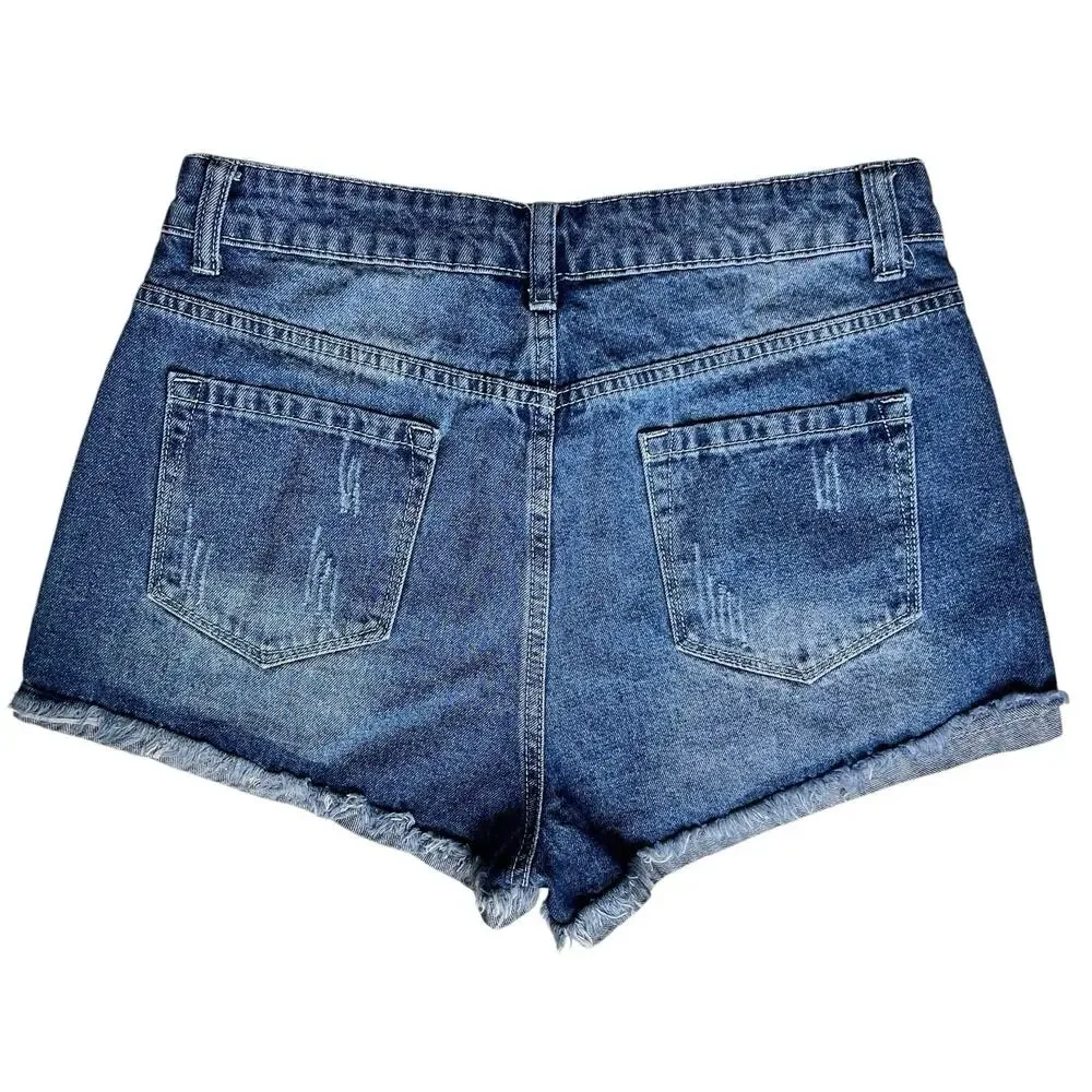 Womens Distressed Edgy‎ Jean Shorts Medium Leopard Pockets Frayed Hem Summer